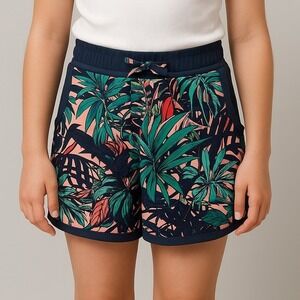 Columbia Omni Shade Kids Medium Shorts Tropical Print Elastic Waist Navy Blue
